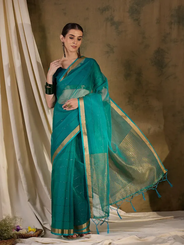 Teal_Organza_Silk_Premium_&_Elegant_(_Rich_Pallu_)_Saree_With_Blouse_Piece_For_Women