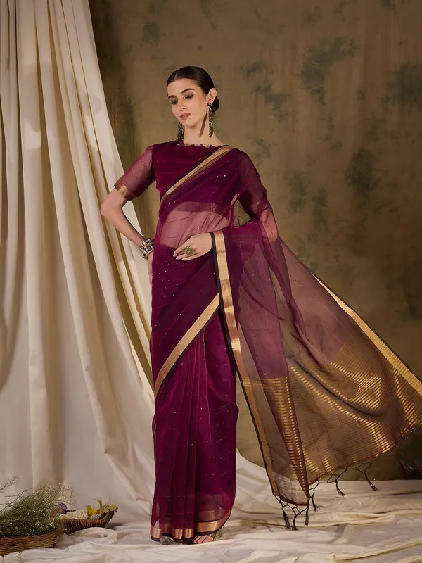 Wine_Organza_Silk_Premium_&_Elegant_(_Rich_Pallu_)_Saree_With_Blouse_Piece_For_Women