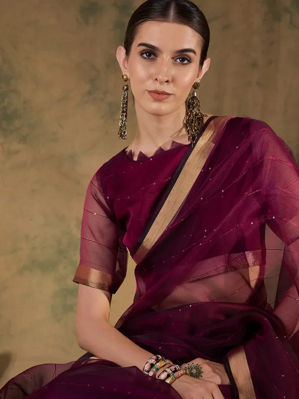 Wine_Organza_Silk_Premium_&_Elegant_(_Rich_Pallu_)_Saree_With_Blouse_Piece_For_Women