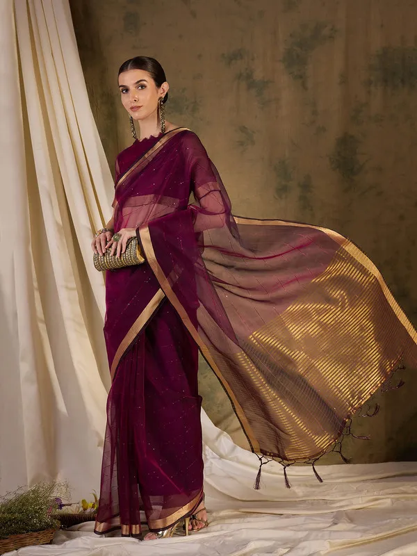 Wine_Organza_Silk_Premium_&_Elegant_(_Rich_Pallu_)_Saree_With_Blouse_Piece_For_Women