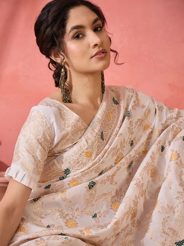 Beige_Cotton_Premium_&_Elegant_(_Rich_)_Saree_With_Blouse_Piece_For_Women