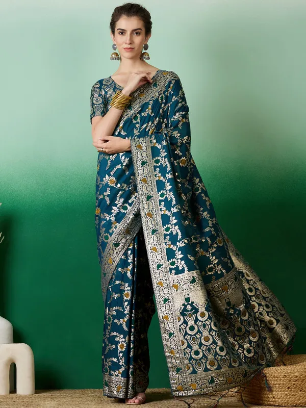 Teal_Cotton_Premium_&_Elegant_(_Rich_)_Saree_With_Blouse_Piece_For_Women
