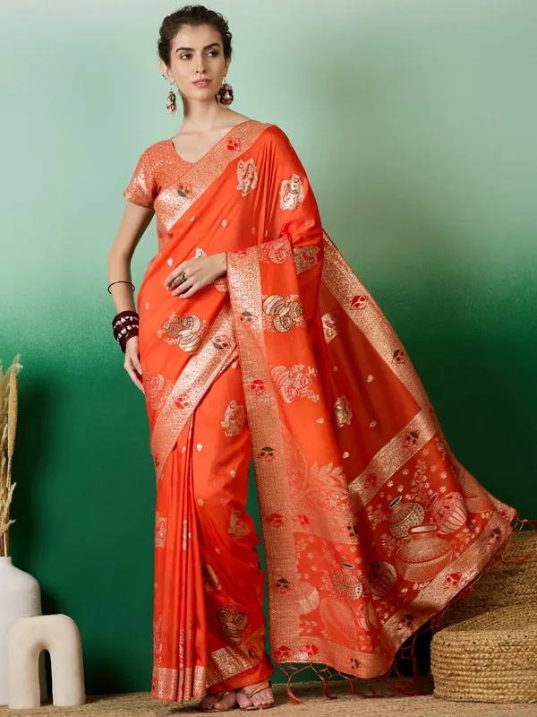 Orange_Cotton_Premium_&_Elegant_(_Rich_Pallu_)_Saree_With_Blouse_Piece_For_Women