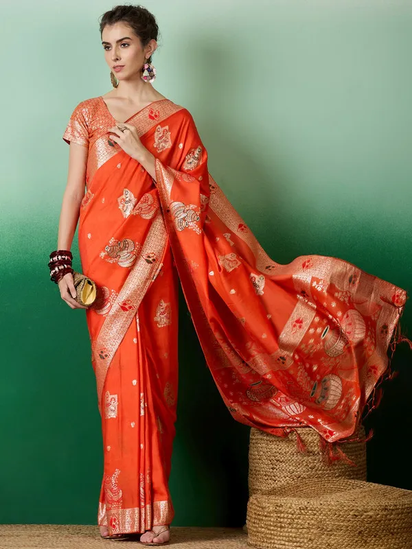 Orange_Cotton_Premium_&_Elegant_(_Rich_Pallu_)_Saree_With_Blouse_Piece_For_Women