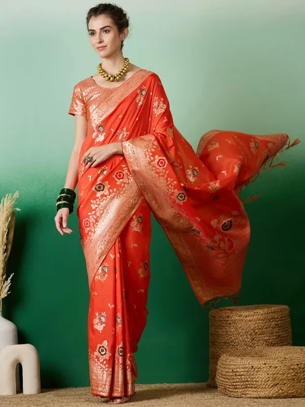 Orange_Dola_Cotton_Premium_&_Elegant_Saree_With_Blouse_Piece_For_Women