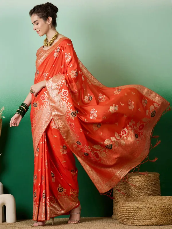 Orange_Dola_Cotton_Premium_&_Elegant_Saree_With_Blouse_Piece_For_Women
