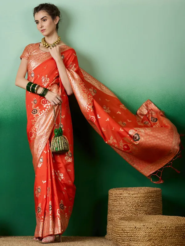 Orange_Dola_Cotton_Premium_&_Elegant_Saree_With_Blouse_Piece_For_Women