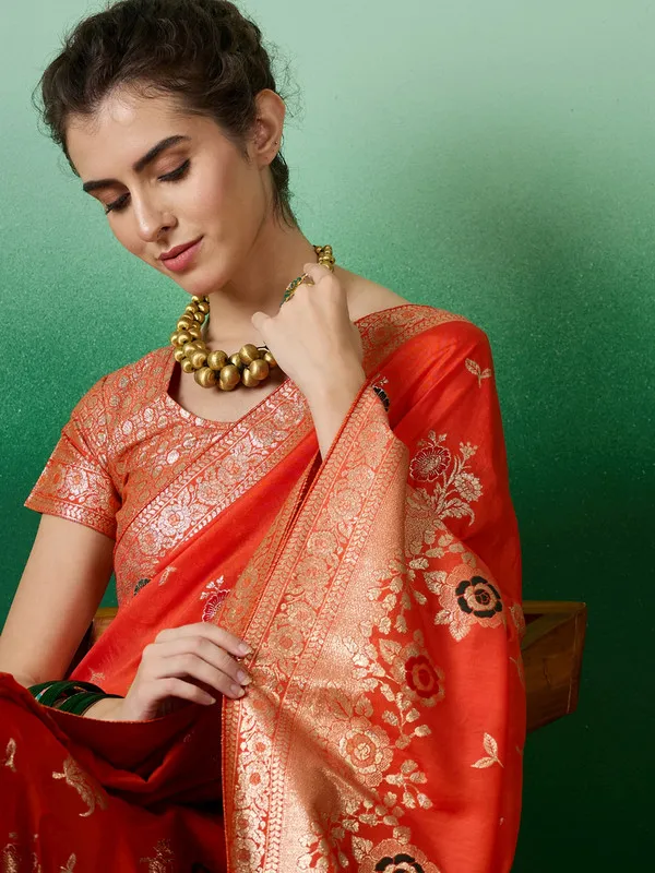 Orange_Dola_Cotton_Premium_&_Elegant_Saree_With_Blouse_Piece_For_Women