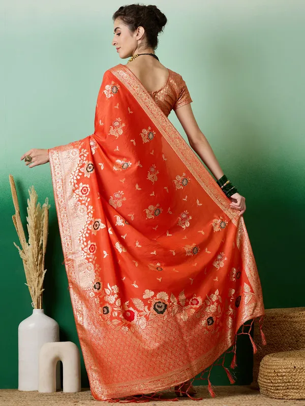 Orange_Dola_Cotton_Premium_&_Elegant_Saree_With_Blouse_Piece_For_Women