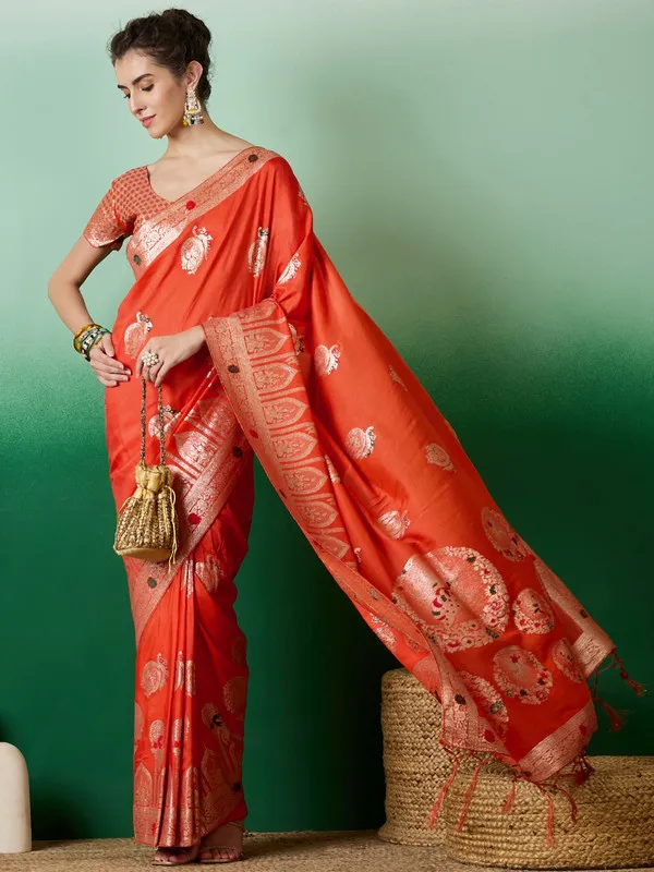 Orange_Dola_Cotton_Premium_&_Elegant_Saree_With_Blouse_Piece_For_Women