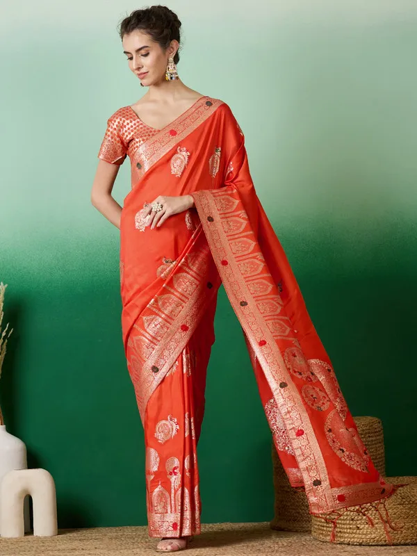 Orange_Dola_Cotton_Premium_&_Elegant_Saree_With_Blouse_Piece_For_Women
