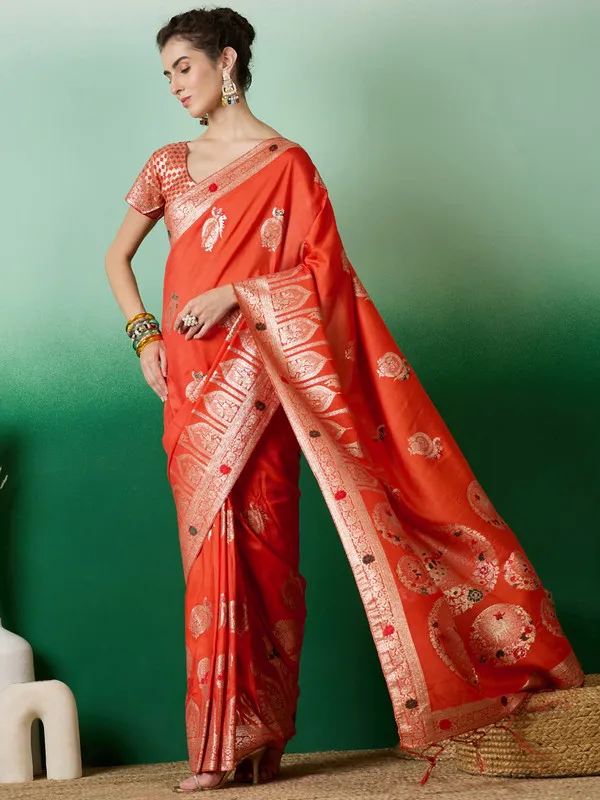 Orange_Dola_Cotton_Premium_&_Elegant_Saree_With_Blouse_Piece_For_Women