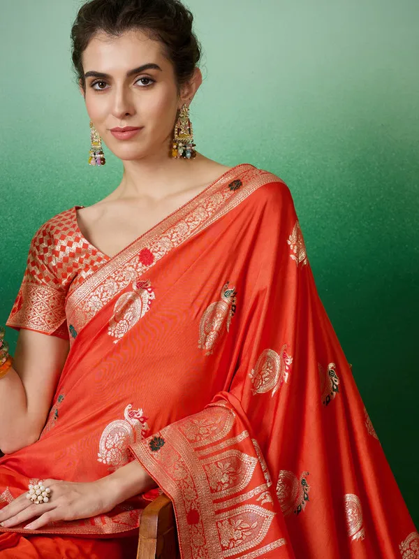 Orange_Dola_Cotton_Premium_&_Elegant_Saree_With_Blouse_Piece_For_Women