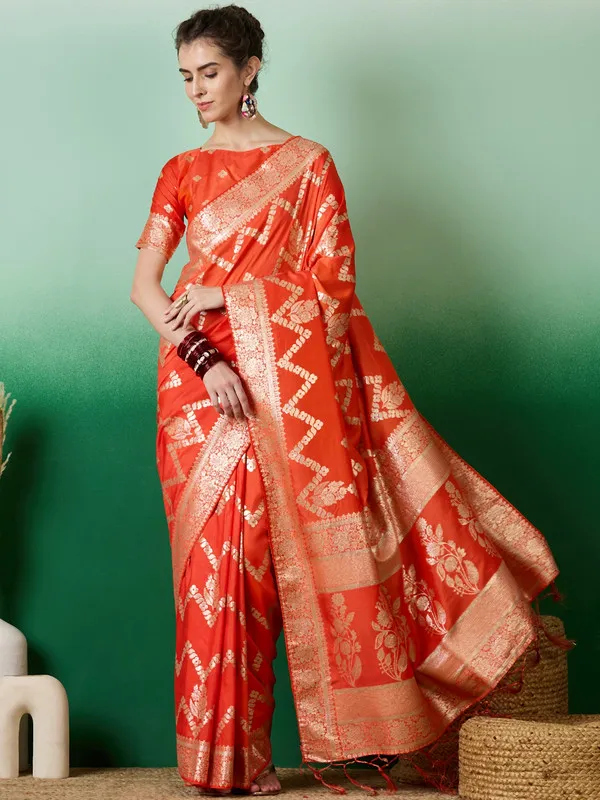 Orange_Dola_Cotton_Premium_&_Elegant_(_Traditional_)_Saree_With_Blouse_Piece_For_Women
