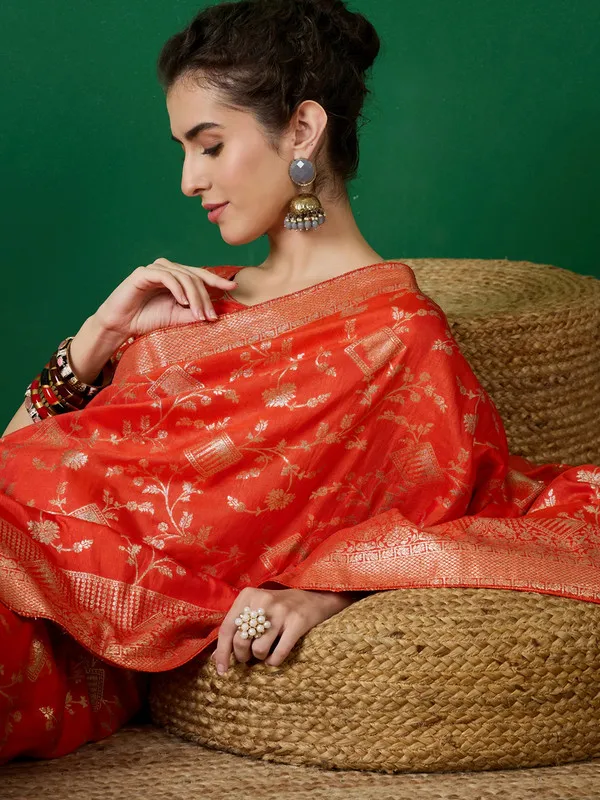 Orange_Dola_Cotton_Premium_&_Elegant_(_Rich_)_Saree_With_Blouse_Piece_For_Women