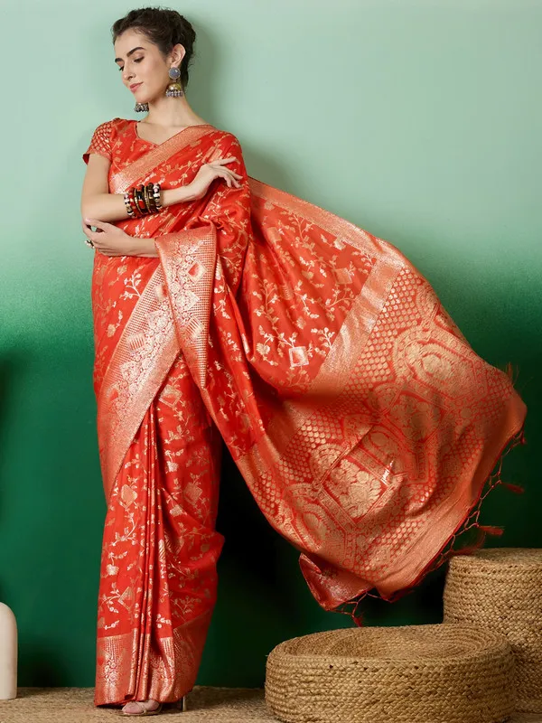 Orange_Dola_Cotton_Premium_&_Elegant_(_Rich_)_Saree_With_Blouse_Piece_For_Women