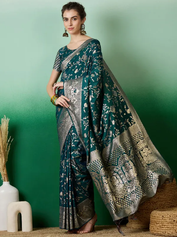 Teal_Blue_Dola_Cotton_Premium_&_Elegant_(_Rich_)_Saree_With_Blouse_Piece_For_Women