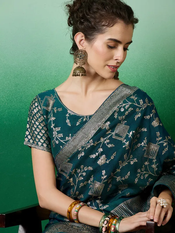 Teal_Blue_Dola_Cotton_Premium_&_Elegant_(_Rich_)_Saree_With_Blouse_Piece_For_Women