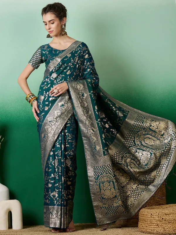 Teal_Blue_Dola_Cotton_Premium_&_Elegant_(_Rich_)_Saree_With_Blouse_Piece_For_Women