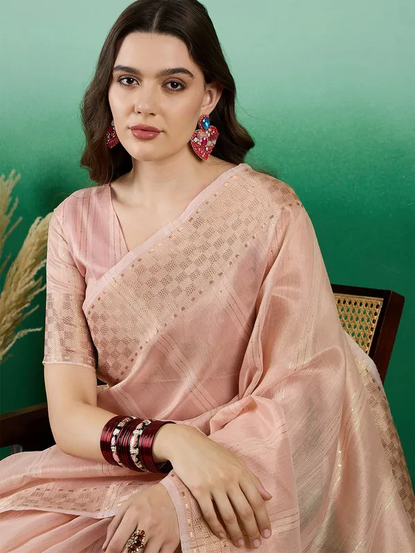 Peach_Khadi_Organza_Premium_&_Elegant_(_All_Over_Sequin_Work_)_Saree_With_Blouse_Piece_For_Women