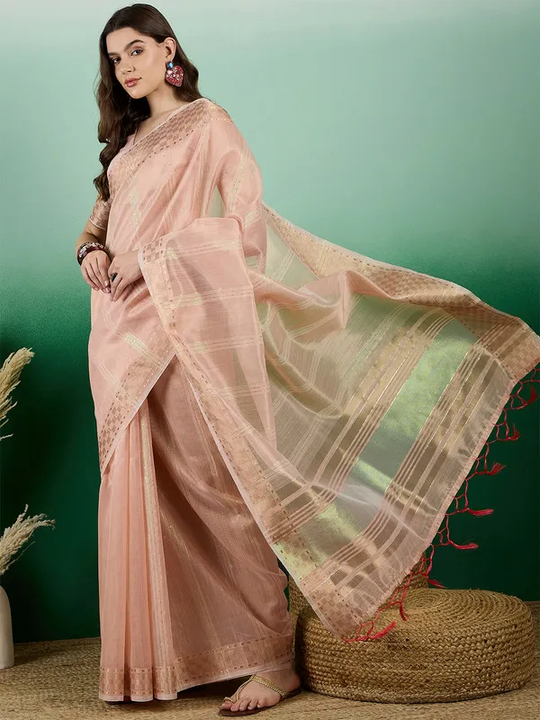 Peach_Khadi_Organza_Premium_&_Elegant_(_All_Over_Sequin_Work_)_Saree_With_Blouse_Piece_For_Women