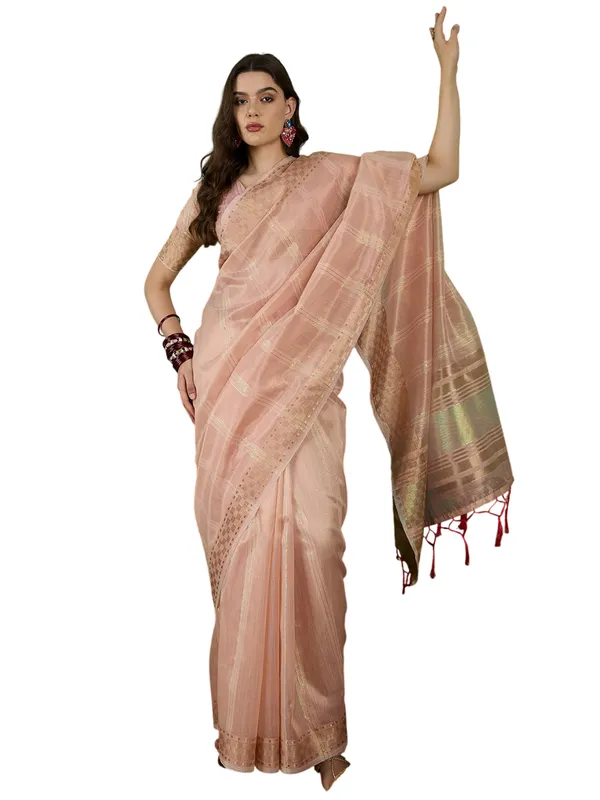 Peach_Khadi_Organza_Premium_&_Elegant_(_All_Over_Sequin_Work_)_Saree_With_Blouse_Piece_For_Women