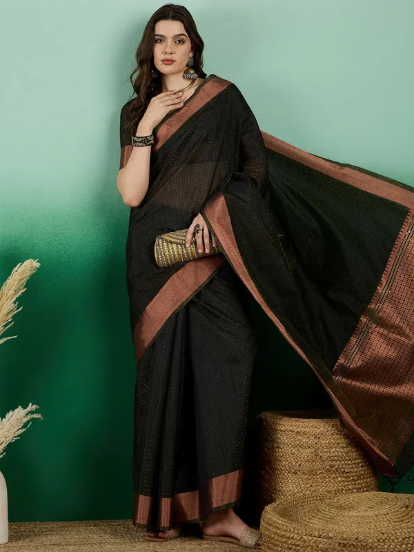 Black_Khadi_Organza_Premium_&_Elegant_(_Self_Design,_Zari_Border_)_Saree_With_Blouse_Piece_For_Women