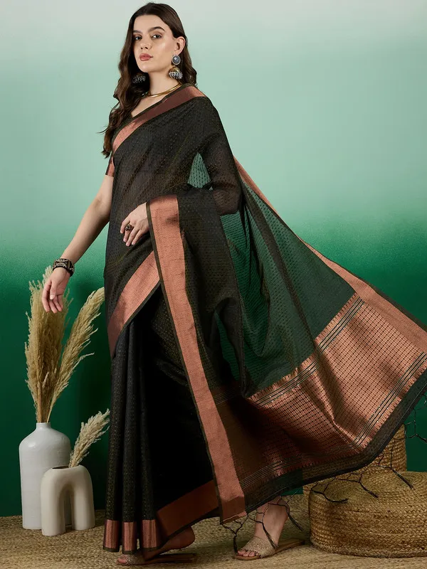 Black_Khadi_Organza_Premium_&_Elegant_(_Self_Design,_Zari_Border_)_Saree_With_Blouse_Piece_For_Women