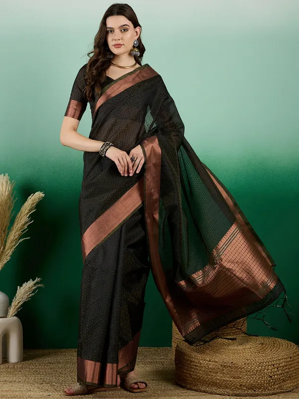 Black_Khadi_Organza_Premium_&_Elegant_(_Self_Design,_Zari_Border_)_Saree_With_Blouse_Piece_For_Women