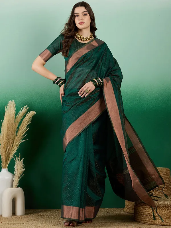 Green_Khadi_Organza_Premium_&_Elegant_(_Self_Design,_Zari_Border_)_Saree_With_Blouse_Piece_For_Women