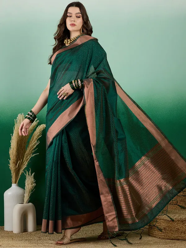 Green_Khadi_Organza_Premium_&_Elegant_(_Self_Design,_Zari_Border_)_Saree_With_Blouse_Piece_For_Women