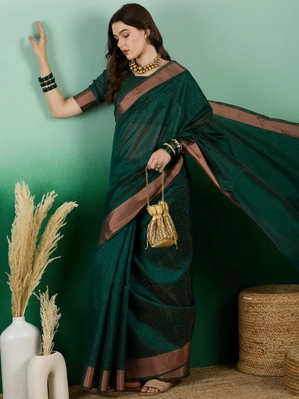 Green_Khadi_Organza_Premium_&_Elegant_(_Self_Design,_Zari_Border_)_Saree_With_Blouse_Piece_For_Women