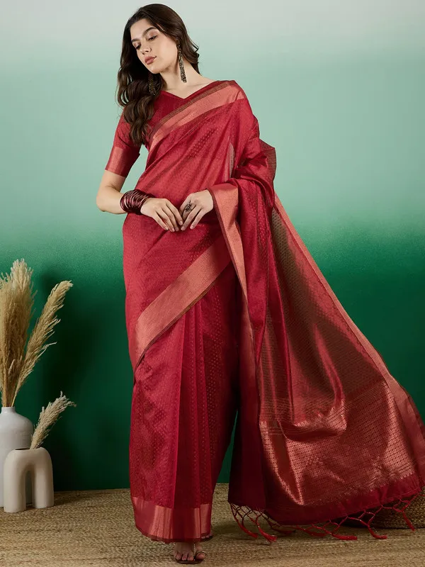 Red_Khadi_Organza_Premium_&_Elegant_(_Self_Design,_Zari_Border_)_Saree_With_Blouse_Piece_For_Women