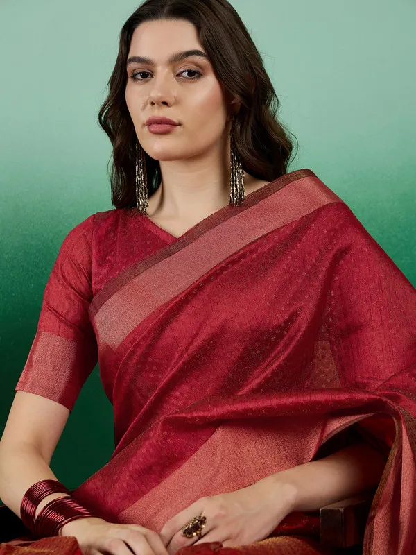 Red_Khadi_Organza_Premium_&_Elegant_(_Self_Design,_Zari_Border_)_Saree_With_Blouse_Piece_For_Women