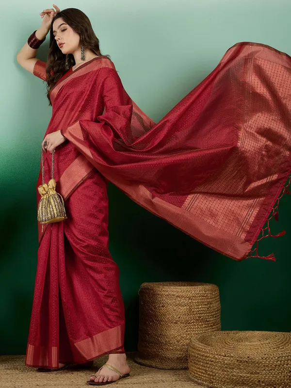 Red_Khadi_Organza_Premium_&_Elegant_(_Self_Design,_Zari_Border_)_Saree_With_Blouse_Piece_For_Women