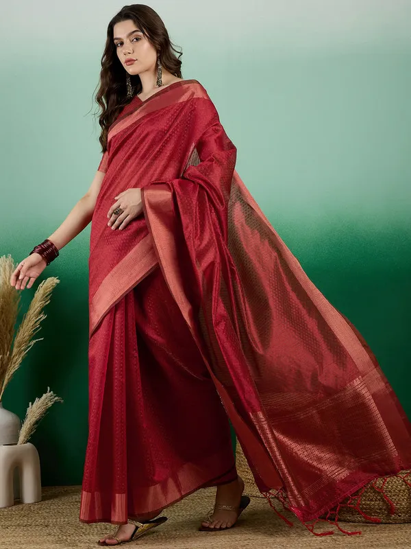 Red_Khadi_Organza_Premium_&_Elegant_(_Self_Design,_Zari_Border_)_Saree_With_Blouse_Piece_For_Women