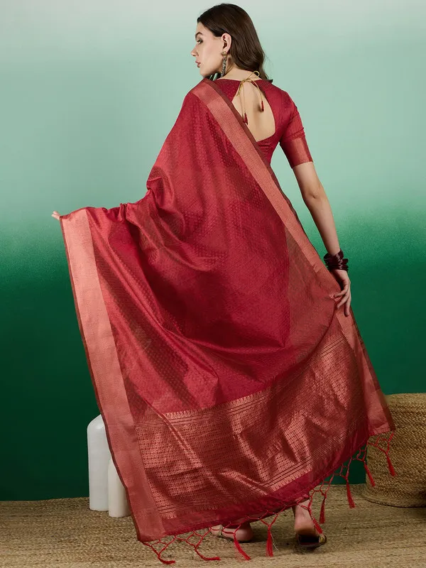 Red_Khadi_Organza_Premium_&_Elegant_(_Self_Design,_Zari_Border_)_Saree_With_Blouse_Piece_For_Women