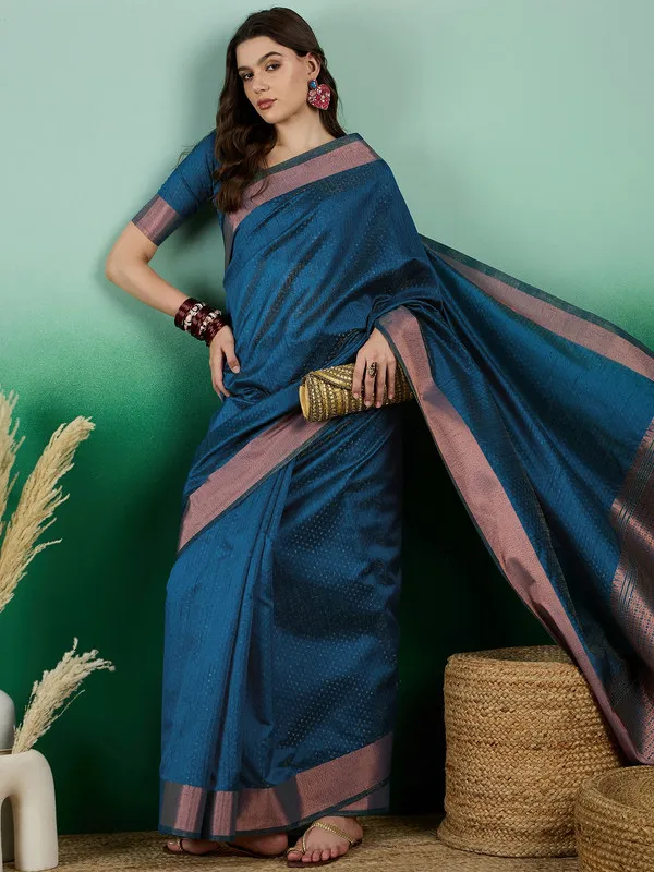 Tealblue_Khadi_Organza_Premium_&_Elegant_(_Self_Design,_Zari_Border_)_Saree_With_Blouse_Piece_For_Women