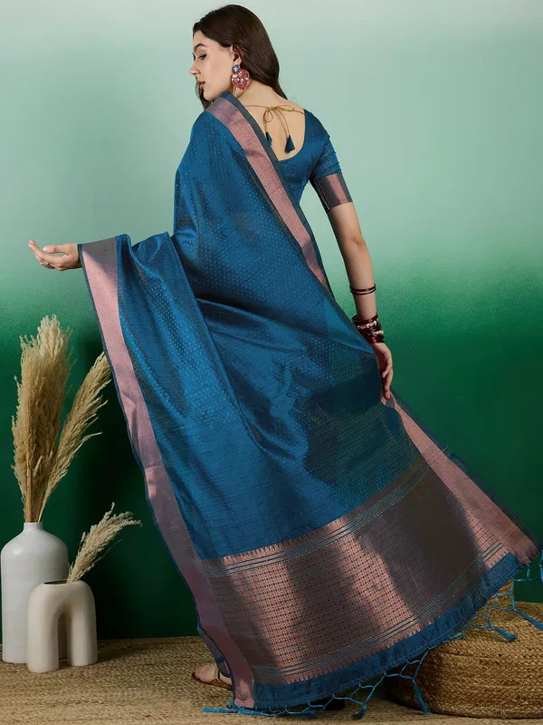 Tealblue_Khadi_Organza_Premium_&_Elegant_(_Self_Design,_Zari_Border_)_Saree_With_Blouse_Piece_For_Women