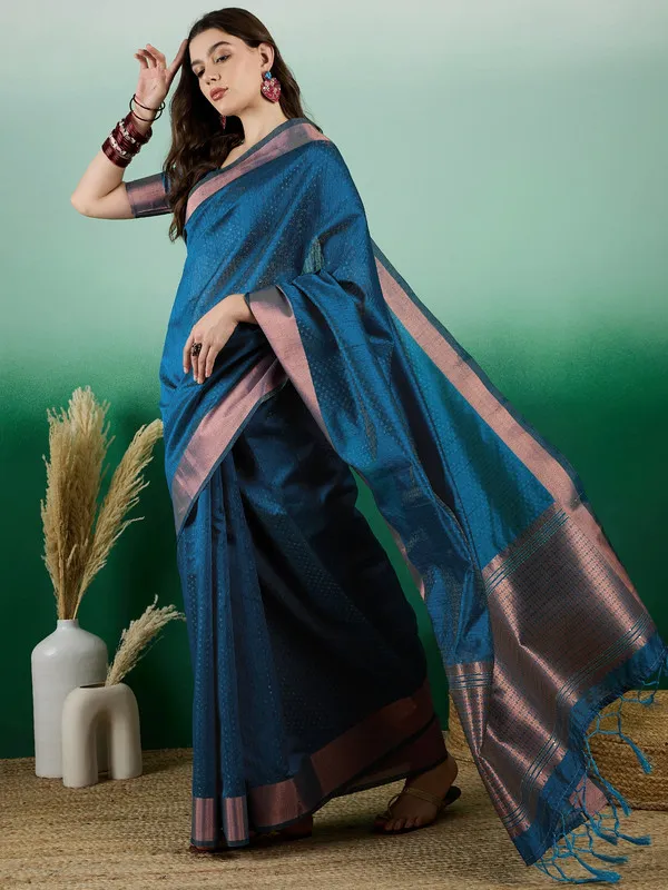 Tealblue_Khadi_Organza_Premium_&_Elegant_(_Self_Design,_Zari_Border_)_Saree_With_Blouse_Piece_For_Women