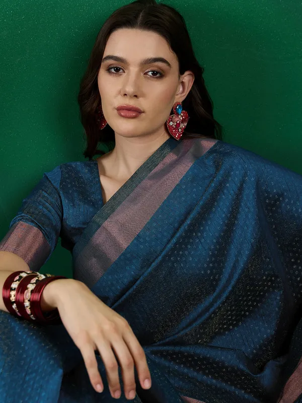 Tealblue_Khadi_Organza_Premium_&_Elegant_(_Self_Design,_Zari_Border_)_Saree_With_Blouse_Piece_For_Women