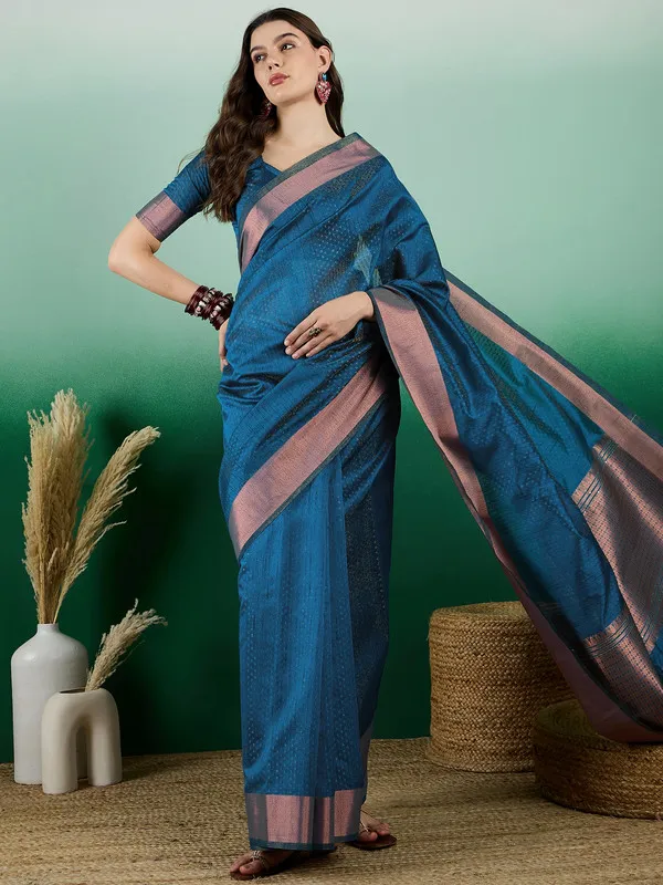 Tealblue_Khadi_Organza_Premium_&_Elegant_(_Self_Design,_Zari_Border_)_Saree_With_Blouse_Piece_For_Women