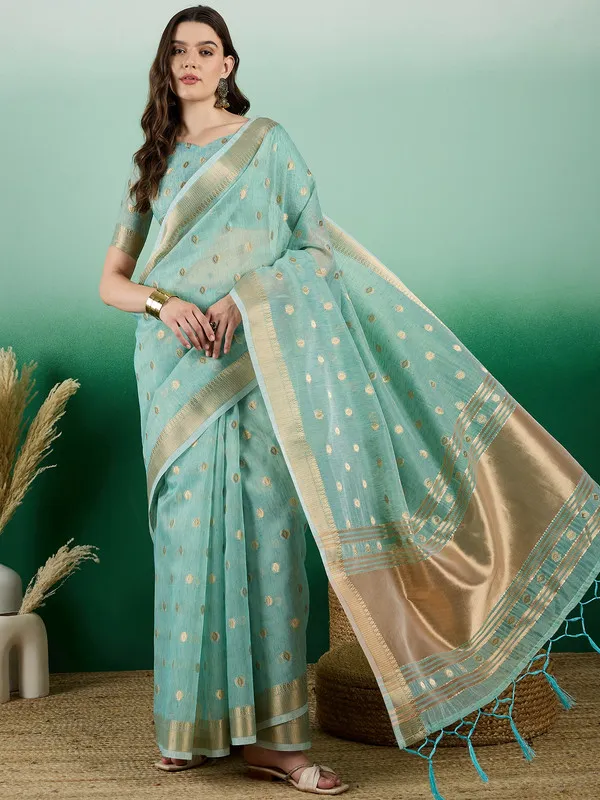 Blue_Khadi_Organza_Premium_&_Elegant_(_Golden_Zari_Polka_Dots_)_Saree_With_Blouse_Piece_For_Women