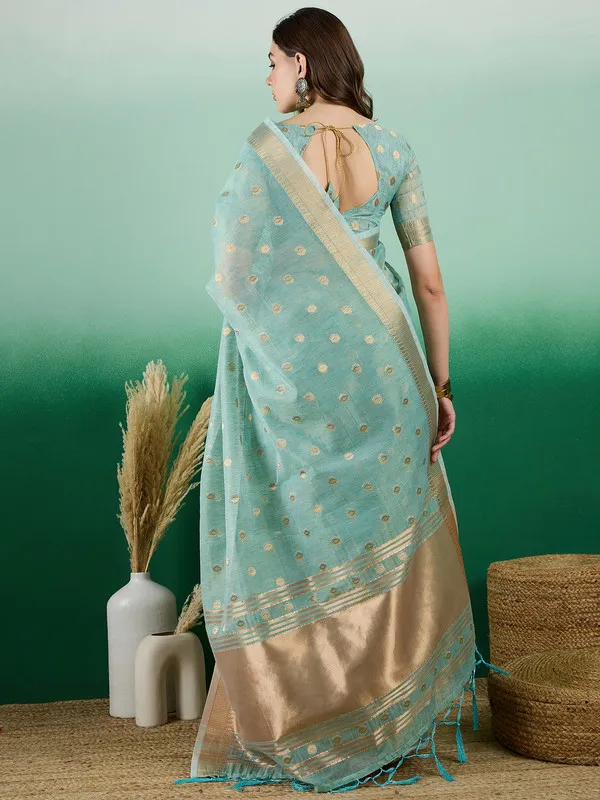 Blue_Khadi_Organza_Premium_&_Elegant_(_Golden_Zari_Polka_Dots_)_Saree_With_Blouse_Piece_For_Women
