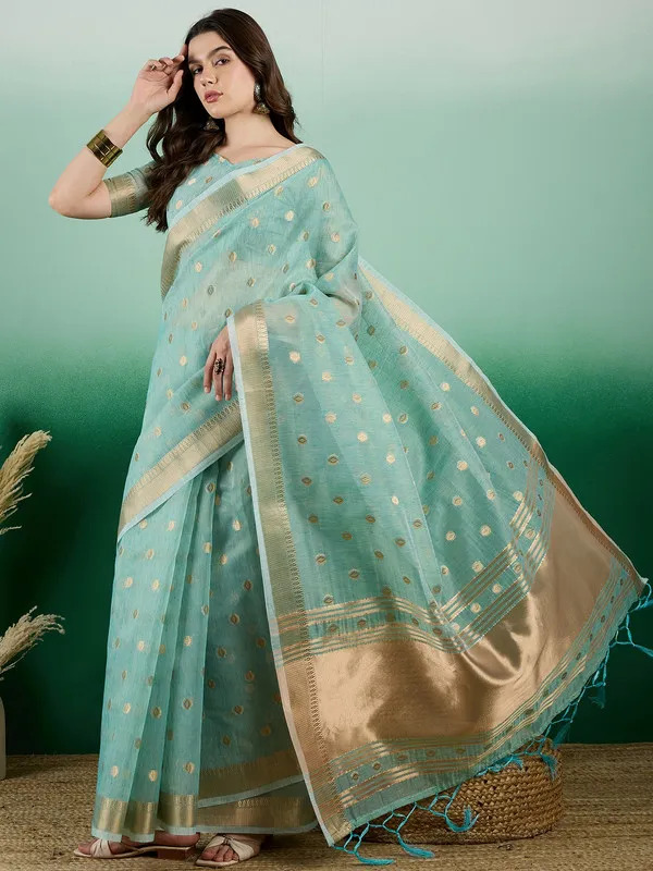 Blue_Khadi_Organza_Premium_&_Elegant_(_Golden_Zari_Polka_Dots_)_Saree_With_Blouse_Piece_For_Women