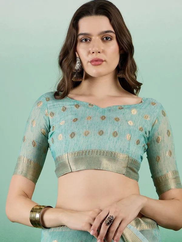 Blue_Khadi_Organza_Premium_&_Elegant_(_Golden_Zari_Polka_Dots_)_Saree_With_Blouse_Piece_For_Women
