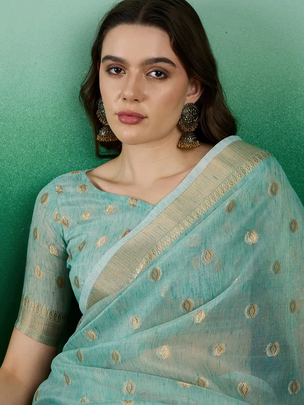 Blue_Khadi_Organza_Premium_&_Elegant_(_Golden_Zari_Polka_Dots_)_Saree_With_Blouse_Piece_For_Women