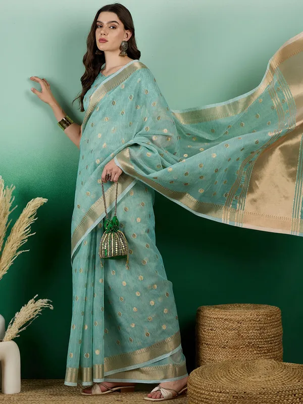 Blue_Khadi_Organza_Premium_&_Elegant_(_Golden_Zari_Polka_Dots_)_Saree_With_Blouse_Piece_For_Women