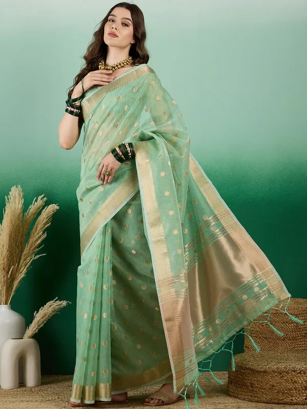 Green_Khadi_Organza_Premium_&_Elegant_(_Golden_Zari_Polka_Dots_)_Saree_With_Blouse_Piece_For_Women