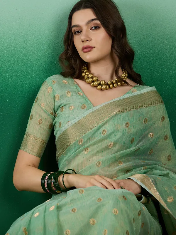 Green_Khadi_Organza_Premium_&_Elegant_(_Golden_Zari_Polka_Dots_)_Saree_With_Blouse_Piece_For_Women